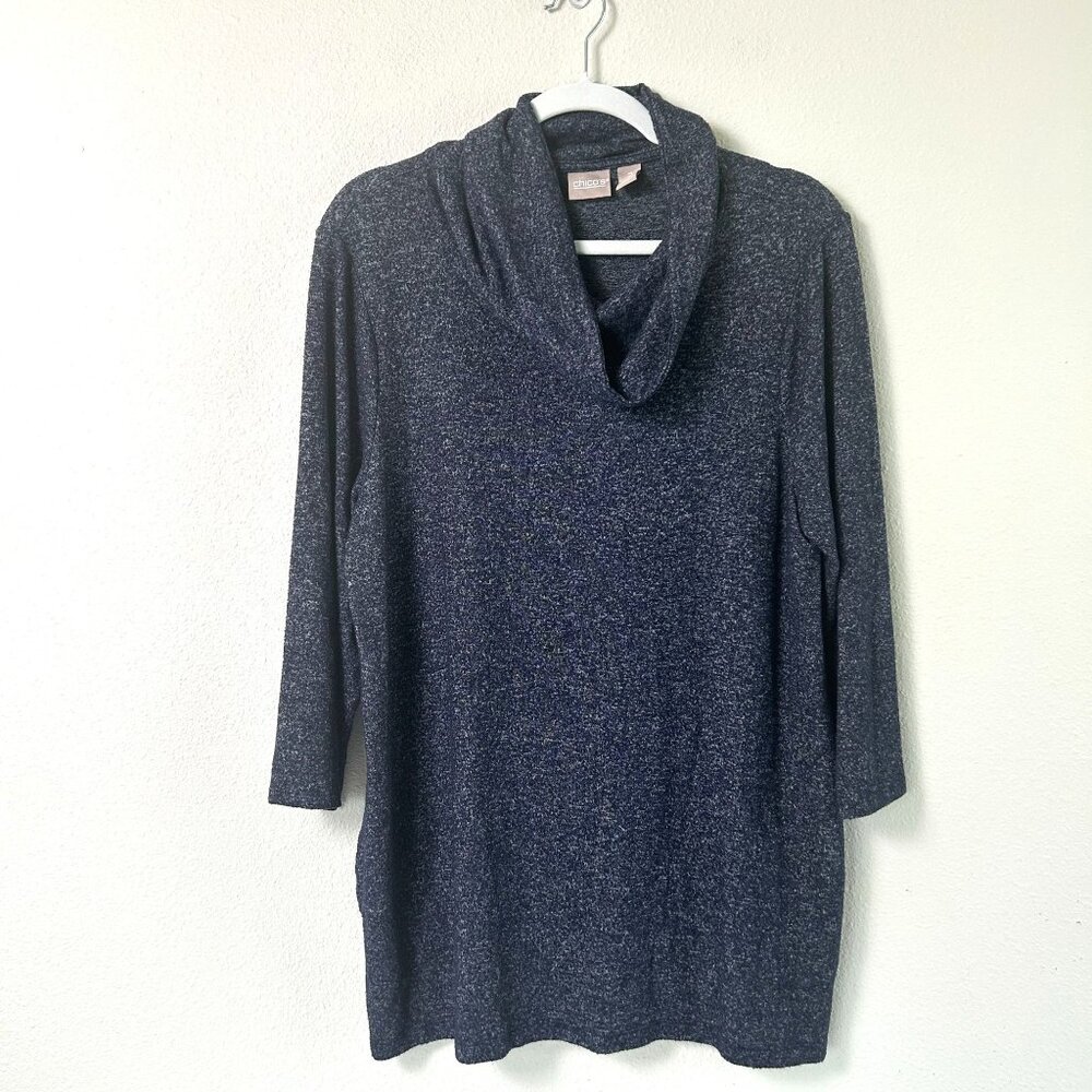 Chicos Cowl Neck Sweatshirt Top Womens L 2 Blue Heathered Pullover Pockets